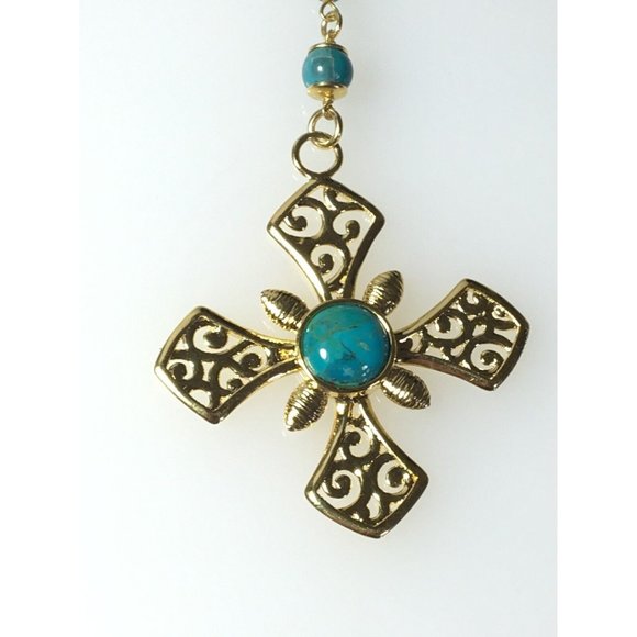 Rosary Beads Cross Necklace Gold Plated Turquoise Made in Italy - Picture 8 of 8